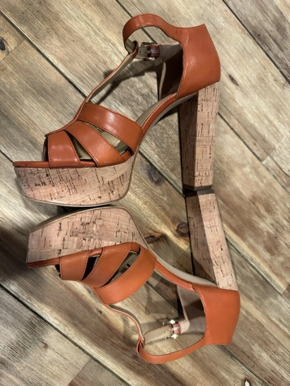 Michael Kors Mercer Platform Heels Cork & Leather Orange Women's Size 7 1/2